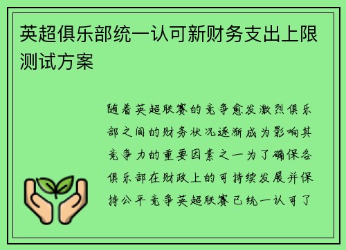 英超俱乐部统一认可新财务支出上限测试方案